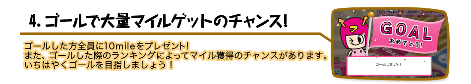 4.ゴールで大量マイルゲットのチャンス! ゴールした方全員に10mileをプレゼント!また、ゴールした際のランキングによってマイル獲得のチャンスがあります。いちはやくゴールを目指しましょう!