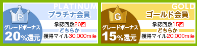 プラチナ会員グレードボーナス20%　承認回数20回 獲得マイル30,000mile どちらか ゴールド会員グレードボーナス15%　承認回数15回 どちらか 獲得マイル20,000mile