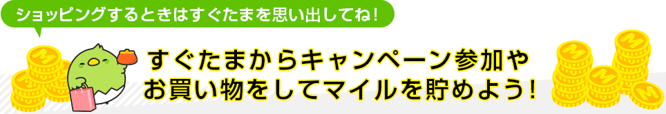 ショッピングするときはすぐたまを思い出してね！すぐたまからキャンペーン参加やお買い物をしてマイルを貯めよう！