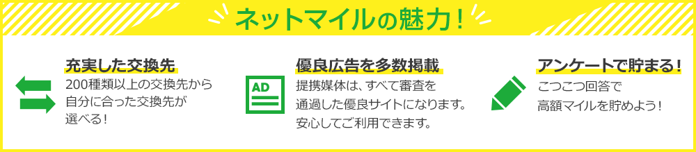 ネットマイルの魅力！充実した交換先200種類以上の交換先から自分に合った交換先が選べる！業界最大の広告数堤体媒体、すべて審査を通過した優良サイトになります。案してご利用できます。アンケートで貯まる！こつこつ回答で高額マイルを貯めよう！